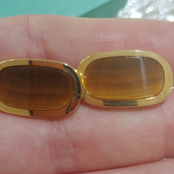 Vintage Sun Eagle Goldtone Men's Oval Cats Eye Brown Stone Cuff Links - Picture 6 of 9